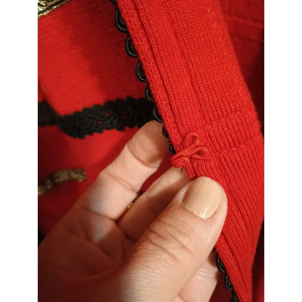 Embellished Cardigan Sweater Chicos Size 2 Red Gold Black Ornate‎ Trim Boho